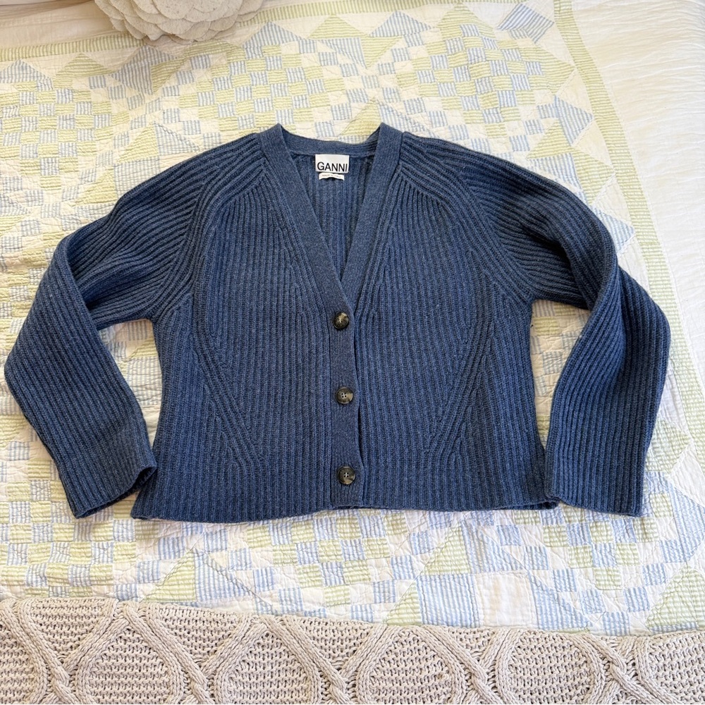 Ganni Deep Blue Ribbed Cardigan